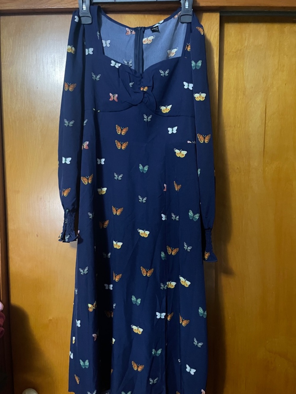 SHEIN Navy Long Sleeve Butterfly Print Maxi Dress